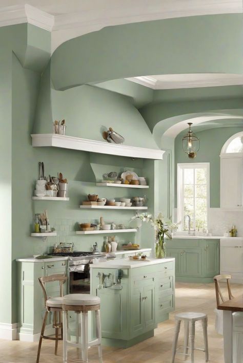 home decor interior design,interior bedroom design, kitchen designs, home paint colors Seafoam Green Kitchen Walls, Halycon Green Sw, Halcyon Green Sherwin Williams, Light Green Kitchen Walls, Halcyon Green, Colour Drenching, Light Green Kitchen, Green Kitchen Walls, Light Oak Floors