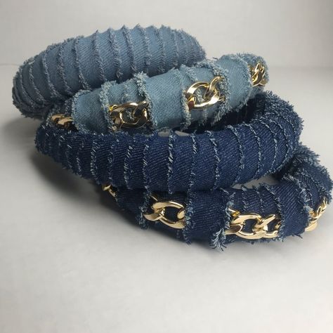 Recycled Denim Jewelry, Denim Accessories Jewelry, Jean Jewelry, Jean Ideas, Denim Headband, Jeans Crafts, Denim Bracelet, Denim Earrings, Blue Jeans Crafts