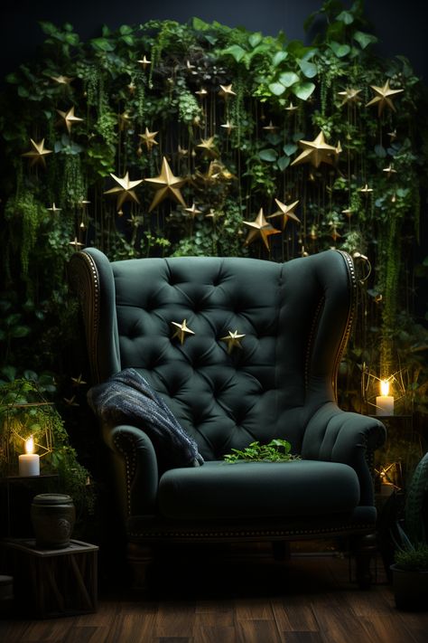 Celestial Forest Aesthetic, Forest Witch Home Decor, Green Celestial Aesthetic, Elegant Witch Aesthetic, Diy Celestial Decor, Celestial Interior Design, Starry Decor, Celestial Bedroom Aesthetic, Celestial Room Aesthetic