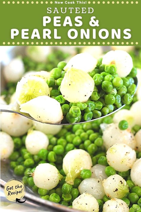 Sautéed Peas and Pearl Onions are a super quick, easy and delicious vegetable side dish that you can serve with a weeknight dinner, a holiday dinner, or for any occasion. Using frozen peas and pearl onions along with some butter, salt and pepper keeps it simple, fast and flavorful. And it goes with just about anything! Get the recipe and try it! Frozen Pea Recipes Side Dishes, Peas And Onions Side Dish, How To Cook Pearl Onions, Creamed Peas And Pearl Onions, Pearl Onion Recipes Side Dishes, Pea Side Dish Recipes, Easter Peas, Fresh English Peas Recipe, Frozen Peas Recipe Side Dishes