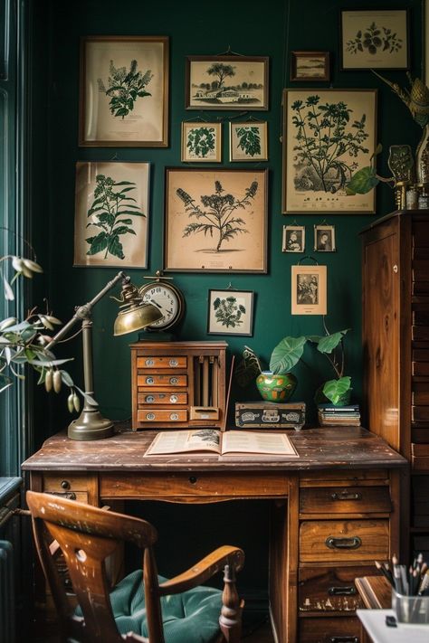 Work Cabinet Home Office, History Interior Design, Dark Green Wall Office, History Room Aesthetic, Dark Academia Decor Office, Dark Green Aesthetic Office, Vintage Home Decor Aesthetic, Dark Academia Desk Decor, Dark Home Office Aesthetic