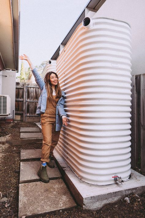 Beginner’s Guide to Getting Started with Rainwater Tanks! — CONNIE AND LUNA Rain Water System For Home, Rainwater Collection System Diy, Water Storage Tank Ideas Home, Water Barrel Ideas Rainwater Harvesting, Water Storage Ideas Home, Rainwater Cistern, Storm Water Drain, Rainwater Collection System, Rainwater Tank