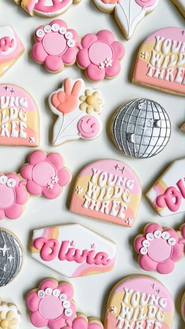 Coachella Cookies Birthday Parties, Groovy Birthday Cookies Decorated, Girly Decorated Cookies, Threenager Cookies, Disco Birthday Cookies, Retro Cookies Decorated, Girly Sugar Cookies, Disco Cookies Decorated, Disco Sugar Cookies