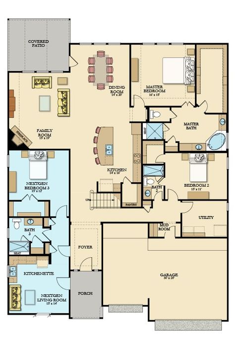 Amethyst Next Gen® New Home Plan in Tavola: Texas Reserve Collection by Lennar House Plans 2500 Sq Ft, Sunny Decor, Multifamily House, Next Gen Homes, Farmhouse Floorplans, Multigenerational House Plans, Multigenerational House, Multigenerational Living, Duplex Floor Plans