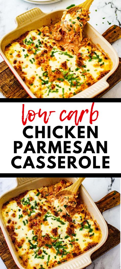 Chicken Parmesan is one of my family's favorite meals, and this Low Carb Chicken Parmesan Casserole without pork rinds has all the flavors in the confines of one easy to make dish. In just 10-minutes of prep time, you can have a delicious cheesy casserole that the whole family will love. This one is perfect for busy weeknights. Low Calorie Chicken Casserole, Low Carb Chicken Casserole Recipes, Keto Chicken Parmesan Casserole, Ground Chicken Casserole, Keto Chicken Parmesan, Chicken Casserole Recipes Healthy, Low Carb Dinner Chicken, Low Carb Chicken Casserole, Low Carb Chicken Parmesan