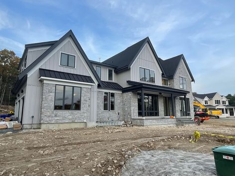 Modern Farmhouse New Build, Modern Farmhouse Stone Exterior, Modern Traditional Exterior Home, Farmhouse Stone Exterior, Dark Grey Brick House Exterior, Dark Modern Farmhouse Exterior, Farmhouse Siding, Grey Siding House, Grey Farmhouse Exterior