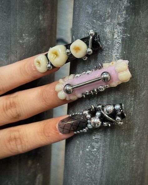 All Posts • Instagram Teeth Nails Art, Tooth Nails, Teeth Nails, Fur Nails, Witch Nails, Punk Nails, Goth Nails, Nails Now, Pretty Nail Designs