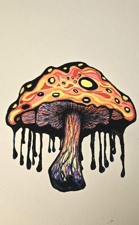 Black ink, Gelly Roll Moonlight gel pens, Arteza 110lb paper for mixed media Trippy Drawings Mushrooms, Dripping Mushroom Drawing, Melting Mushroom Drawing, Trippy Mushroom Drawing, Illustrated Mushrooms, Ink Mushroom, Halloween Mushrooms, Gel Pen Art, Mushroom Drawing