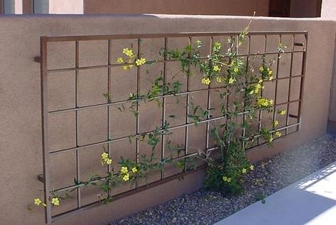 An outdoor metal trellis similar to this mounted on your brick wall for the honeysuckle. Backyard Sandbox, Easy Backyard Diy, Obelisk Trellis, Wall Trellis, Metal Trellis, Pinterest Garden, Backyard Playhouse, Garden Vines, Easy Backyard