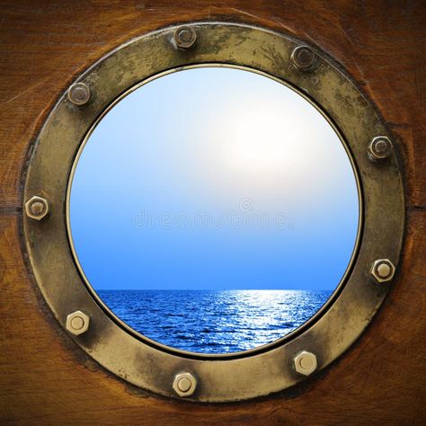 Photo about Boat porthole with ocean view close up. Image of detail, sailboat, holiday - 20347221 Porthole Painting, Boat Window, Round Boat, Porthole Window, Boat Painting, Leg Tattoo, Art Project, Ocean View, Painting Ideas