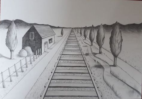 #pencil_shading #railway #point_perspective #trees #hut #fences #mountains Railway Perspective Drawing, 1 Point Perspective Drawing Landscape, One Point Perspective Drawing Landscapes, Perspective Drawing Landscape, One Point Perspective Art, Object Perspective, Perspective Building Drawing, Fence Drawing, 1 Point Perspective Drawing