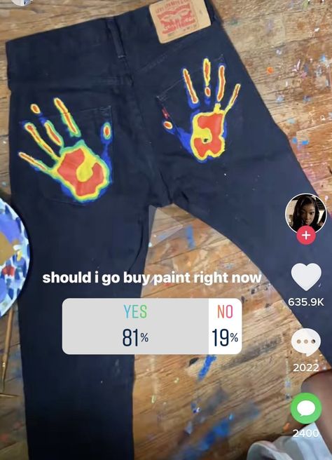 Jean Painting, Painted Clothes Diy, Clothes Diy, Painted Denim, Painted Clothes, Diy Stuff, Trippy Art, Hand Print, Printed Pants