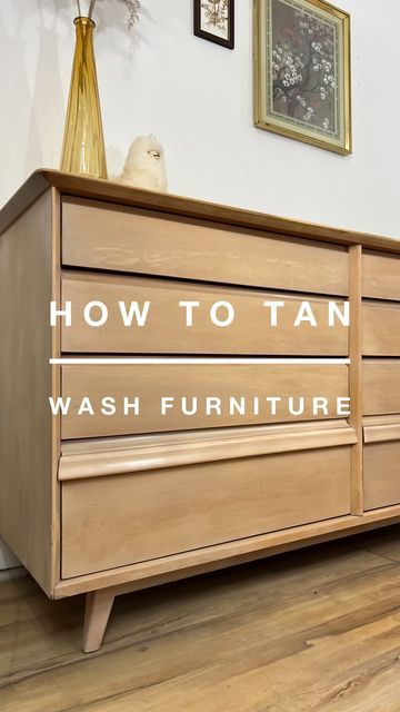 Blond Wood Furniture, Dresser Hardware Update, Refinishing Mcm Furniture, Refinished Mcm Furniture, Mcm Buffet Makeover, How To Tan Wash Wood, Blonde Furniture Makeover, Tan Washing Wood, Tan Washed Furniture