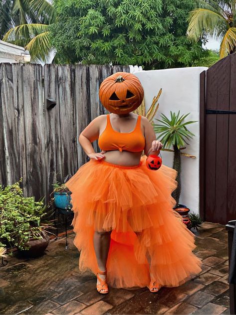 Pink Pumpkin Head Costume, Pumpkin Heads Costume, Pumpkin Costume Family, Halloween Pumpkin Outfit, Halloween Costume Pumpkin Head, Cute Pumpkin Costume For Women, Pumpkin Outfit Women, Pumpkin Outfit Halloween, Easy Pumpkin Costume