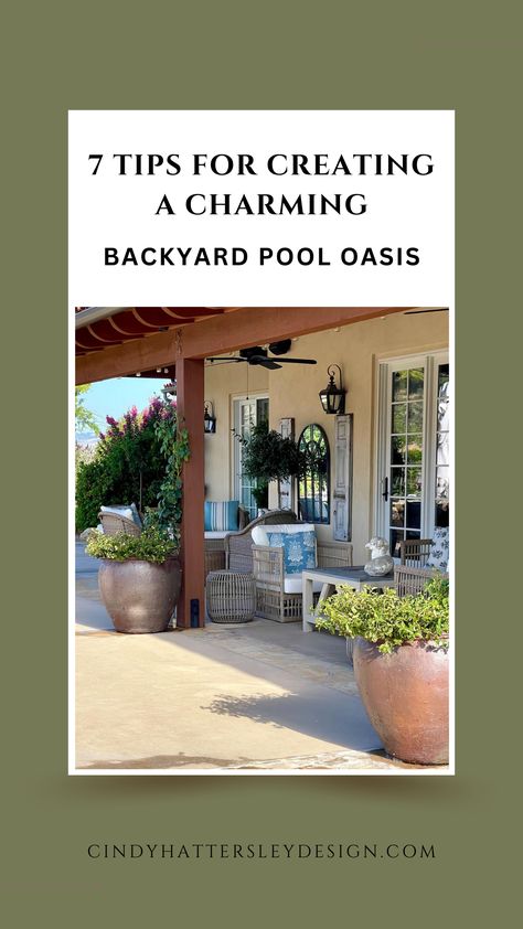 Poolside furniture ideas and decor recommendations for your backyard to make your patio look great. Simple tips to create a backyard design you love. | Backyard decor ideas with pool | How to style your backyard for entertaining Backyard Pool Decorating Ideas, How To Decorate Pool Area, Ideas For Around The Pool, Cottage Pool Backyards, Elegant Pool Decor, Inground Pool Decorating Ideas, Inground Pool Decor, Pool Area Decorating Ideas Backyard, Pool Areas Ideas