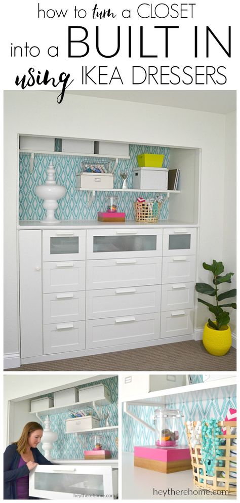 IKEA HACK how to turn a standard closet into a built in for craft storage using IKEA dressers Ikea Dressers, Ikea Closet Organizer, Closet Ikea, Ikea Desk Hack, Ikea Closet, Closet Hacks, Ikea Dresser, Ikea Hack Ideas, Kids Closet Organization