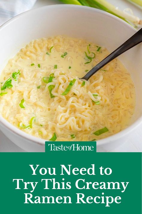 Easy Ramen Noodle Recipes Soups, Creamy Ramen Noodles, Creamy Ramen Recipe, Creamy Chicken Ramen, Ramen Dinner Recipes, Creamy Ramen, Top Ramen Recipes, Ramen Noodle Recipes Soup, Ramen Noodle Recipes Easy