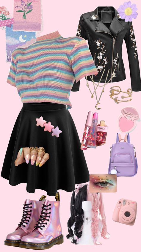 #outfitinspo #pastels #pastelaesthetic #outfits #outfitboard #outfitideas #outfitinspiration #outfitcheck #rainbow #rainydayaesthetic #rainbowpastel #pastelpink #pastelblue #pastelpurple #pastelgoth Pastel Goth Work Outfit, Corporate Pastel Goth, Pastel Rainbow Aesthetic Outfit, Pastel Punk Aesthetics, Pastel Alternative Outfits, Fall Pastel Outfits, Pastel Rainbow Clothes, Rainbow Goth Outfit, Edgy Pastel Outfits