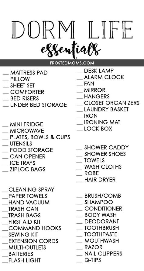 Student Checklist, Dorm Room Essentials List, College Dorm Checklist, Dorm Room Checklist, Dorm Checklist, Room Checklist, Ideas For Bedrooms, College Dorm Room Essentials, Dream Dorm