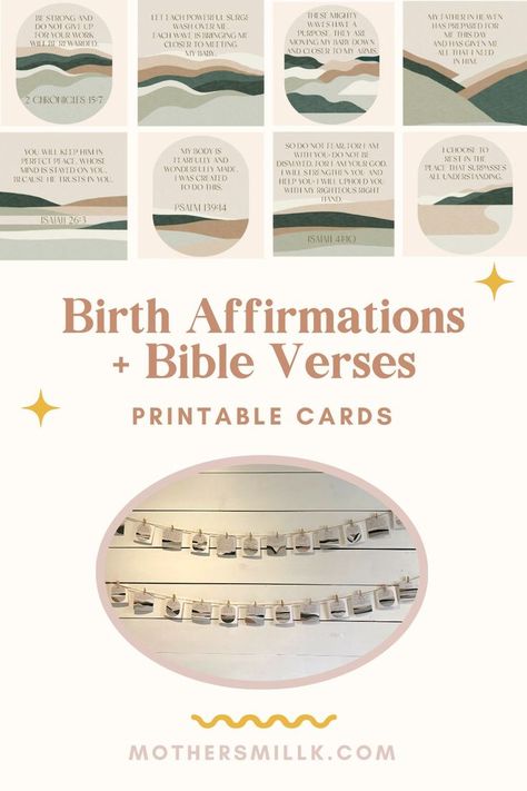 birth affirmations and bible verses printed on cards hung on string with clothespins across the wall Positive Birth Affirmations, Hypnobirthing Affirmations, Birth Space, Newborn Survival, Strengthen Your Mind, Birth Affirmation Cards, Positive Birth, Pregnancy Affirmations, Birth Art