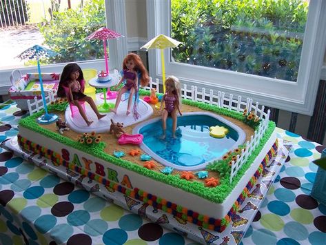 Jelly swimming pool and barbies on birthday cake Pool Birthday Cakes, Swimming Pool Cake, Lightning Mcqueen Birthday Cake, Swimming Cake, Barbie Pool Party, Pool Party Cakes, Pool Cake, Lego Birthday Cake, Barbie Birthday Cake