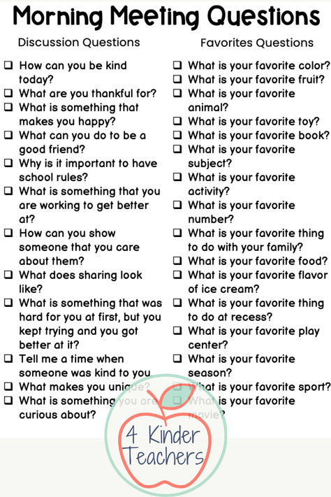 Morning meeting in kindergarten is such an important part of the day.  Use these free morning meeting question handouts to lead discussions with your students.  Morning meeting helps to build a positive community with your students.  Click to read about the morning meeting steps we use in kindergarten and get these free morning meeting handouts. Prek Question Of The Day, Morning Meeting Schedule, Question Of The Day 2nd Grade, Building Classroom Community Preschool, Morning Meeting For Kindergarten, Special Ed Morning Meeting, Morning Meeting Share Questions, Questions Of The Day Preschool, Pre K Question Of The Day
