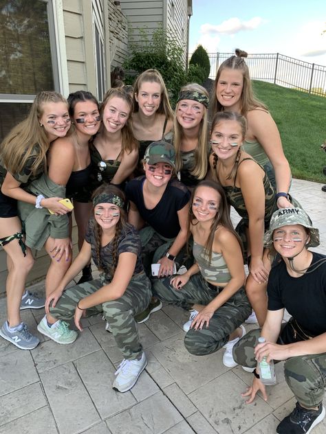 Army Group Costume, Camo Out Football Game Outfit, Camo Party Outfit, Camo Theme Outfit, American Themed Party Outfit, Camo Spirit Day Outfit, Camo Halloween Costume, Military Halloween Costumes, Country Fest Outfits