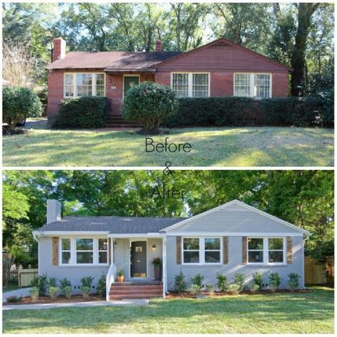 When HGTV asked John and Whitney Spinks to reprise last summer's "Flipping the Block" success, the couple was particularly excited by one part it. Brick Exterior Makeover, Painted Brick House, Tile Renovation, House Makeovers, House Before And After, Exterior House Remodel, Ranch Remodel, Brick Ranch, Home Exterior Makeover