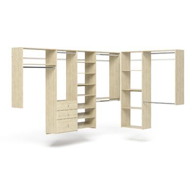 Looking for a storage solution designed just for you? We’ve got your back. This L-shaped closet kit was made to be your easy-to-install, walk-in dream! The two-kit combination includes double-hanging for your best button-ups, jackets, pants, and more. Shelving is included to hold sweaters, denim, and miscellaneous belongings. Plus, with a shoe fence, you have easy access to footwear. And for some hidden storage, this kit has three drawers. Made from engineered wood this set has a scratch-resista Organiser Son Dressing, Wood Closet Systems, Corner Closet, Wood Closet, Closet Kits, Closet Renovation, Closet Organizing Systems, Button Ups, Closet System