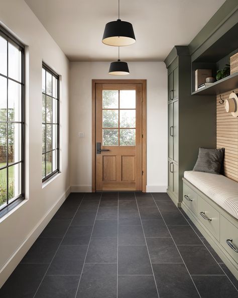 Adeline 12x24 Matte Porcelain Tile in Midnight Porcelain Tile Floor Entryway, Modern Cabin Tile Floor, Dark Floor Tiles Kitchen, Dark Tile Floors Living Room, Tile In House, Dark Tile Floors Kitchen, Dark Kitchen Tiles Floor, Black Tiles Kitchen Floor, Dark Tile Living Room