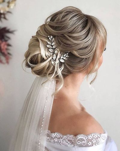 Bridal Hair With Low Veil, Veil Ideas Hair Up, Romantic Hair Updo Wedding, Wedding Bun With Veil Under, Elegant Wedding Updos For Long Hair With Veil, Wedding Updo Hair Piece, Veil Updo Hairstyles Brides, Wedding Hair With Hair Piece And Veil, Wedding Bun And Veil