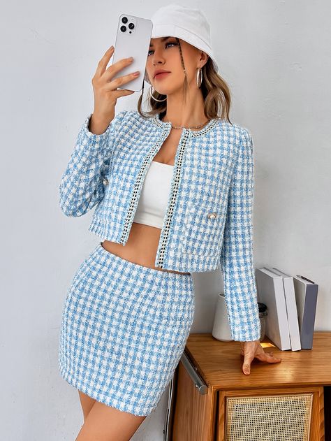 Chanel Coat And Skirt, Blue And White Suit, Tweed Jacket And Skirt, Knit Tweed, Chanel Coat, Professional Work Outfit, Chanel Dress, Crop Top Skirt, Blue Crop Tops