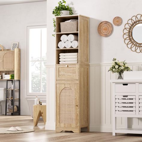 PRICES MAY VARY. 【Elegant and exquisite design】Our tall barthroom storage cabinet features arched handmade rattan double doors. The floor cabinet with drawers and adjustable shelves.The exquisite bathroom floor cabinet fully demonstrates the charm of handmade rattan art lines, adding spatial layers and artistic atmosphere to your home. Exquisite wood grain and plant decoration complement each other. The combination of Bohemian elements makes the home exude a unique cultural charm and natural bea Bathroom Cabinets Tall, Bathroom Storage Tower On Vanity, Water Closet Storage, Linen Tower Bathroom, Shelves Small Bathroom, Bathroom Cabinet Small, Cabinet Storage Bathroom, Towel Storage For Small Bathroom, Small Bathroom Floor Cabinet