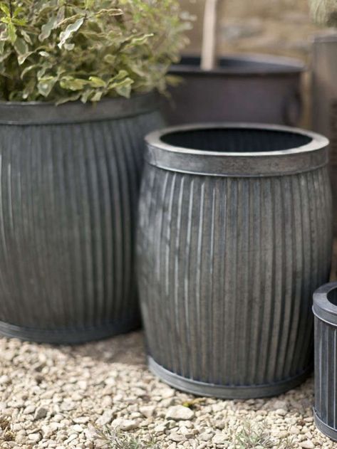 Plants For Small Gardens, Zinc Planters, Small Garden Landscape, Barrel Planter, Steel Planters, Planter Design, Garden Containers, Metal Planters, Garden Kits