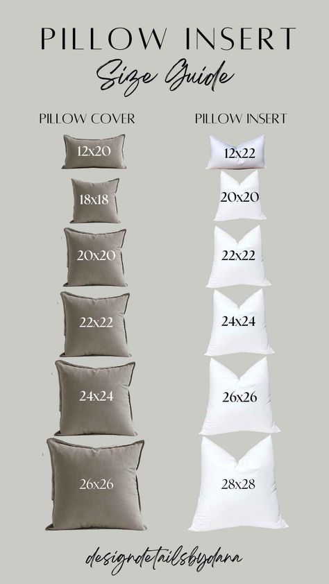 Elevate your throw pillow design game with this pillow insert sizing chart. This guide will help you create full, plush, and beautiful throw pillows that will enhance your home living space. Throw pillows | Pillow inserts | Living room decor | Bedroom decor | Home decor How To Wash Throw Pillows, Bedroom Pillows Arrangement, Throw Pillow Arrangement, Hot Pink Throw Pillows, Pillow Sizes Chart, Types Of Couches, Grey Sofa Living Room, Throw Pillow Design, Beautiful Throw Pillows