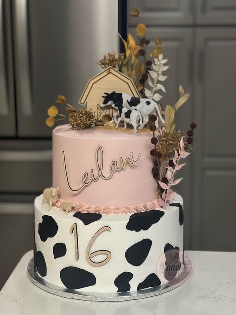 18th Birthday Cake Cow, Two Tier Cow Print Cake, Sweet 16 Cow Print Cakes, Cow Themed Birthday Cakes, Cow Themed Gender Reveal Cake, Cow Print 21st Birthday Cake, Two Cow Birthday, Cowgirl Birthday Cakes For Women, Cow Pink Cake