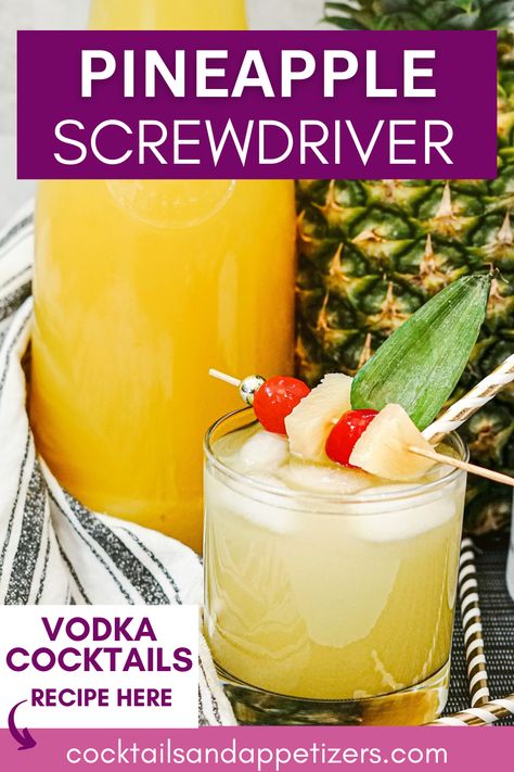 Looking for the ultimate in fruity drinks with alcohol? This Pineapple Screwdriver is a tropical take on the classic cocktail. Simply combine your favorite vodka with pineapple juice for a yummy adult beverage. These make ideal summer cocktails and go perfectly with a special breakfast or brunch! Pineapple And Vodka Drinks, Fruity Drinks With Alcohol, Pineapple Screwdriver, Screwdriver Drink Recipe, Screwdriver Drink, Drinks With Alcohol, Acholic Drinks, Screwdriver Cocktail, Drinks With Pineapple Juice