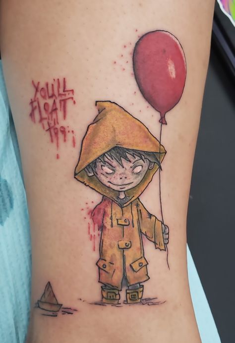 One of my favorite tattoos that I have 🎈😍 #it #youllfloattoo #georgie Georgie Tattoo It, You’ll Float Too Tattoo, Youll Float Too Tattoo, Horror Filler Tattoos, Original Pennywise Tattoo, Hell Raiser Tattoo, It Tattoo Stephen King, It Tattoo Ideas, A Day To Remember Tattoo