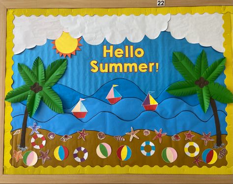 Summer Season Bulletin Board Ideas, Summer Theme Preschool Decoration, Summer Season Activities For Preschool, Summer Decorations For Classroom, Weather Bulletin Board, Pista Shell Crafts, Seasons Activities, Kindergarden Activities, School Displays