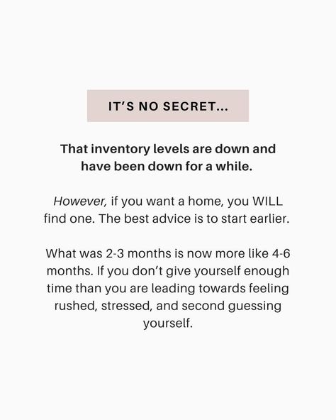 The real estate timeline has changed… ⏳ A LOT. Because we’re in a low-inventory market, it’s taking buying a little while longer to secure their new homes. What does this mean for you if you want to buy a home? You need to start the process early! ⏰ For example, if you want to have a new home by the end of 2024, you can’t wait to start looking until September–you need to get started now. Give yourself enough time so you can enjoy the process rather than feeling rushed! Ready to get s... September Real Estate, Enjoy The Process, Buy A Home, Good Advice, Home Buying, New Home, The End, Get Started, To Start