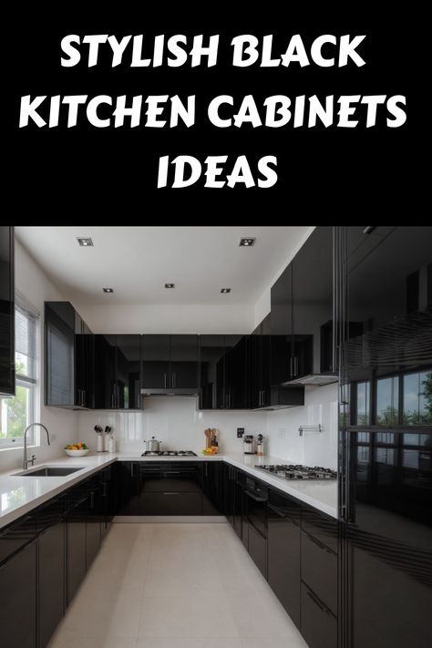 Stylish modern kitchen with glossy black cabinets and white countertops. Backsplash For Black Cabinets, Backsplash Black Kitchen, Modern Black Cabinets, Black Kitchen Cabinets Ideas, Matte Black Kitchen Cabinets, Black Cabinetry, Kitchen Cabinets Ideas, Cabinet Inspiration, Matte Black Kitchen