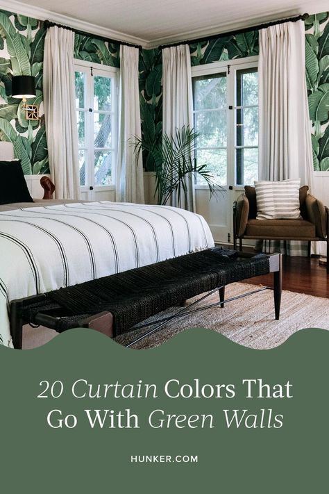 The color green is very versatile. It will look stunning with a wide variety of other shades. Here are the best color of curtains for your green walls. #hunkerhome #curtains #greenwalls #greenwallideas #curtainideas Curtains To Go With Green Walls, Curtains In Green Bedroom, Curtains For Sage Green Bedroom, Dark Green Walls Curtains, Curtains In Green Room, Curtains For Green Living Room, What Color Curtains With Green Walls, Dark Green Room Curtains, Curtains That Go With Green Walls