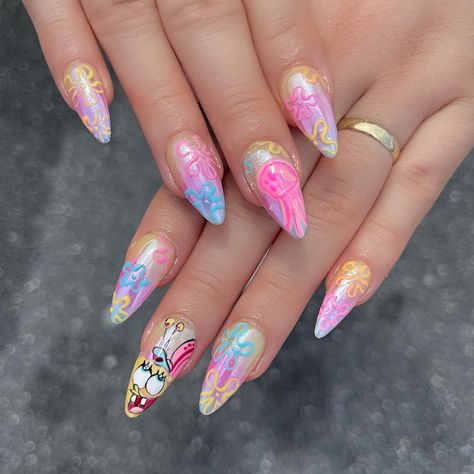 Fun Summer Birthday Nails, Cute Spongebob Nails, Street Nails Designs, Spongebob Valentines Day Nails, Spongebob Inspired Nails, Spongebob Themed Nails, Cute Character Nails, Different Design Nails, Nickelodeon Nails