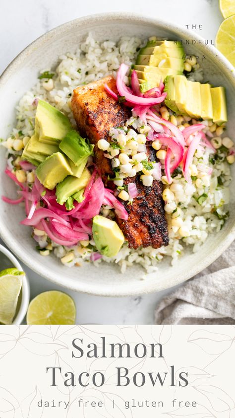 Chipotle Lime Dressing, Salmon Tacos Recipe, Fresh Corn Salsa, Chipotle Dressing, Pickled Onion, Meal Rotation, Quick Pickled Onions, Salmon Tacos, Fluffy Rice