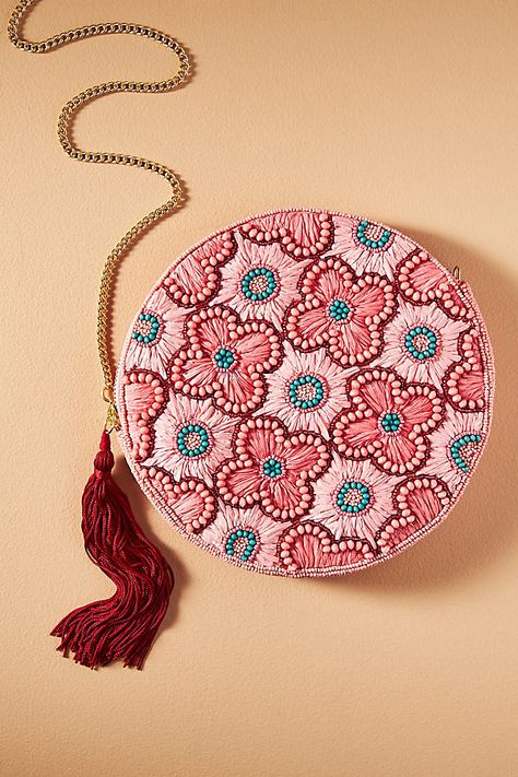 Paper raffia, acrylic, glass beads; cotton lining Removable chain strap One inner slip pocket Zipper styling Imported | Under the Sea Beaded Pouch by Anthropologie in Red, Women's, Cotton/Acrylic/Glass Beaded Pouch Bag, Round Pouch, Tambour Beading, Beaded Pouch, Embroidery Bags, Handmade Fashion Jewelry, Beaded Purses, Hand Embroidery Patterns, Beaded Bags