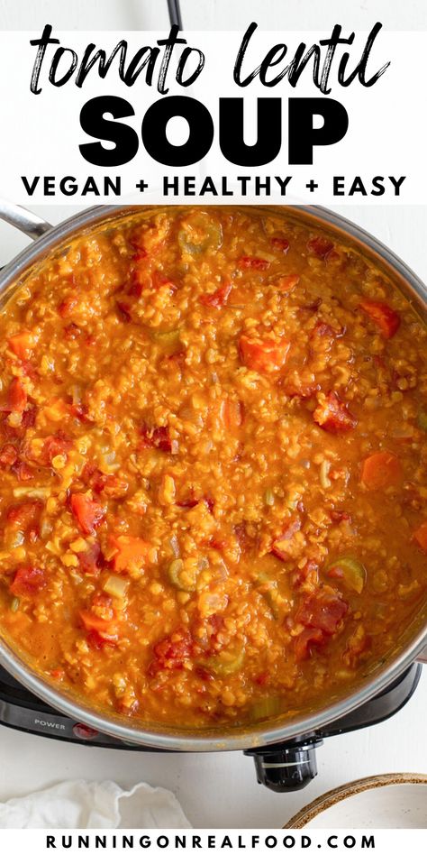 This healthy lentil tomato soup is just simple, wholesome goodness. It features a flavourful base of veggies, tomato-y broth with Italian herbs and hearty red lentils that add a nice thickness to the soup. Ready to enjoy in 30 minutes. Lentil And Tomato Recipes, Tomato Based Soups Vegetarian, Lentils And Tomatoes, Lentil Tomato Recipes, Red Lentil Tomato Soup, Tomato Soup Add Ins, Lentil Tomato Soup, Italian Lentil Soup Recipe, Kale Soup Vegan