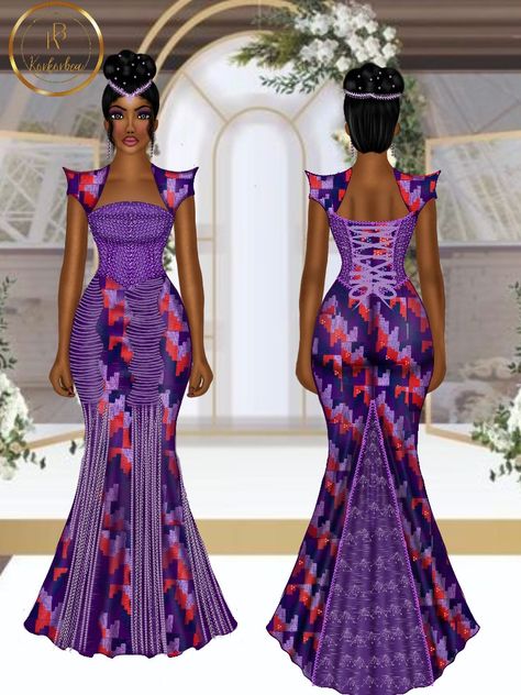 Ghanaian Traditional Wedding Engagement, Kente Ankara Styles, Purple Kente Dress, Engagement Kente Dress For Bride, Kente Wedding Styles, Purple Kente Styles For Engagement, African Attire Dresses Traditional Weddings, Wedding Kente Styles, African Traditional Wedding Dress Africa