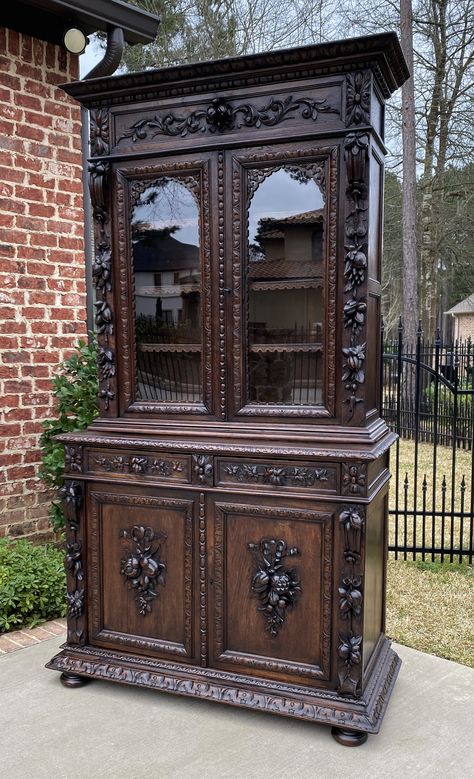 SUPERB 19th Century Antique French Oak Renaissance BLACK FOREST "Hunt" Cabinet, Bookcase, Cupboard or Display Cabinet~~     c. 1870s      This is only one of multiple exquisite pieces recently received from our European shipper~~wonderful hand-carved oak pieces in the highly sought after Black Forest, Gothic, Renaissance Revival and Barley Twist styles~~19th century and in unbelievably spectacular condition!  If you're looking for that special and unique "statement piece" for your home or office Old Antique Furniture, Dark Wood And Black Furniture, Gothic Display Cabinet, 19th Century Furniture, Gothic Shelving, Victorian Interior Design 19th Century, Hunting Cabinet, Black Wood Furniture, Old Fashioned Furniture