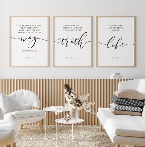 "BIBLE VERSE PRINTABLE WALL ART LIVING ROOM WALL DECOR MODERN SCRIPTURE PRINT (Downloadable) ▶Please note that this listing is for an Instant Digital Download of this art print. No physical item will be sent or shipped.◀ I am the Lord your God, who teaches you what is best for you, who directs you in the way you should go. Isaiah 48:17 NIV Love does not delight in evil but rejoices with the truth. 1 Corinthians 13:6 NIV I am the way and the truth and the life John 14:6 NIV, a wonderful bible ver Bible Verse Wall Art Living Room, Bible Verse Photo Frame, Christian Living Room Decor, Christian Prayer Room Design, Christian House Decor, Bible Room, Wall Art Ideas Bedroom, Printable Wall Art Living Room, Scripture Wall Decor