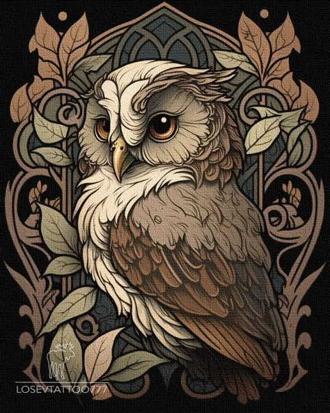 Art Nouveau Owl Tattoo, Art Nouveau Owl, Neotraditional Owl Tattoo, Neo Traditional Owl, Owl Artwork Illustrations, Neotraditional Tattoo Flash Art, Art Nouveau Animals, Traditional Owl Tattoos, Owl Tattoo Drawings